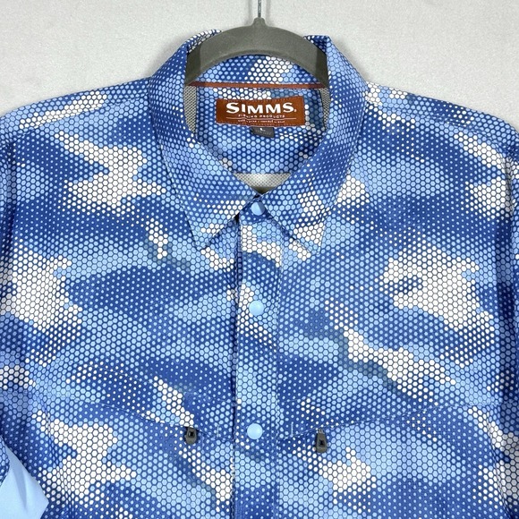 Simms Intruder Bicomp Fishing Shirt Mens Large Hex Camo Snap Button Vented Blue - Picture 2 of 14